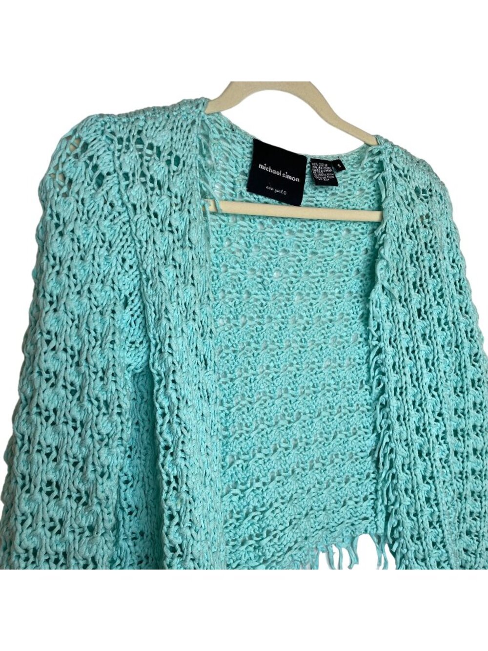 Michael Simon Italian Yarn Cotton Crochet Fringe Cardigan, S